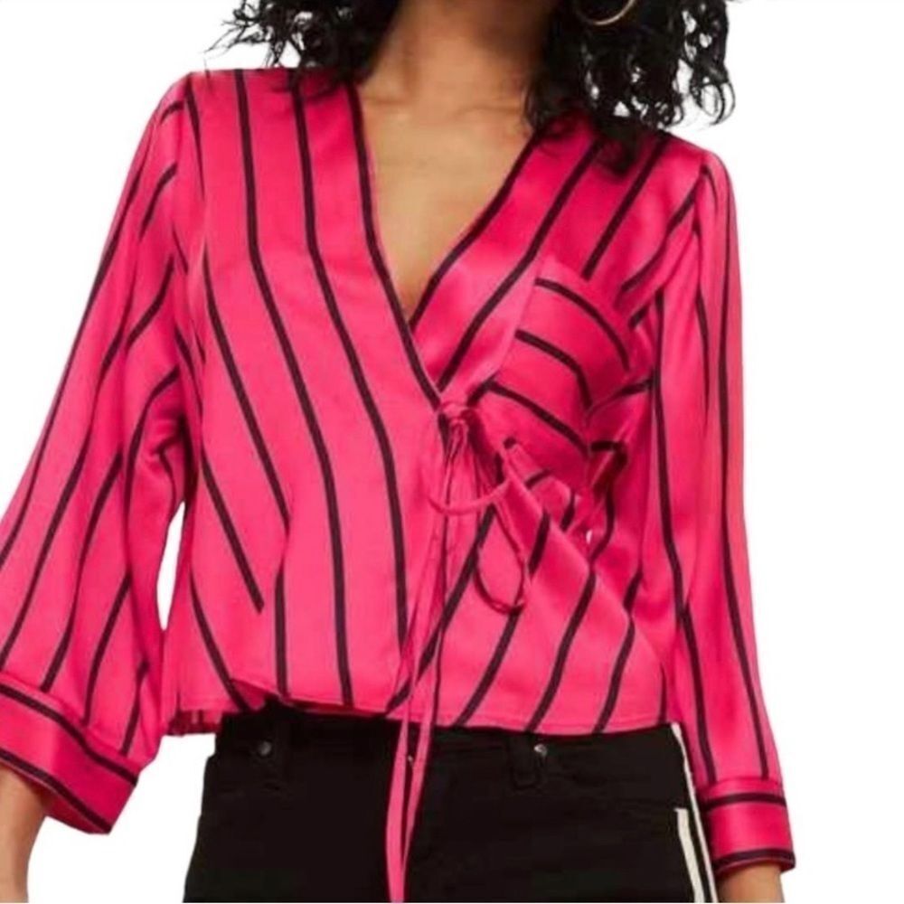 Topshop pink & black stripe tie wrap satin kimono size 10